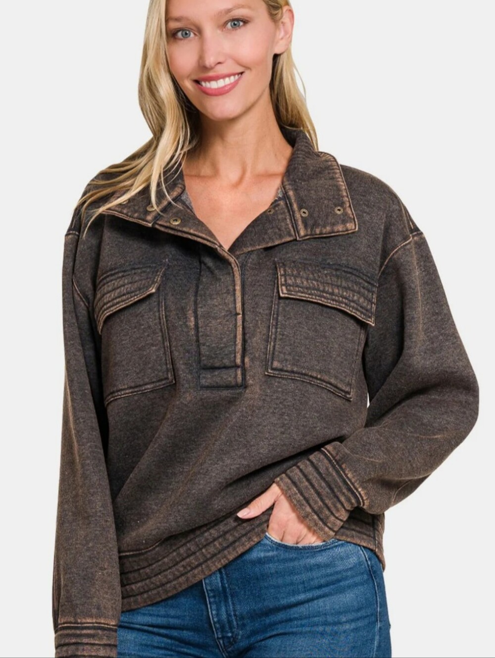 Zenana Women's Acid Black Oversized Half Snap Fleece Sweatshirt (jacket)Sz S,M,L